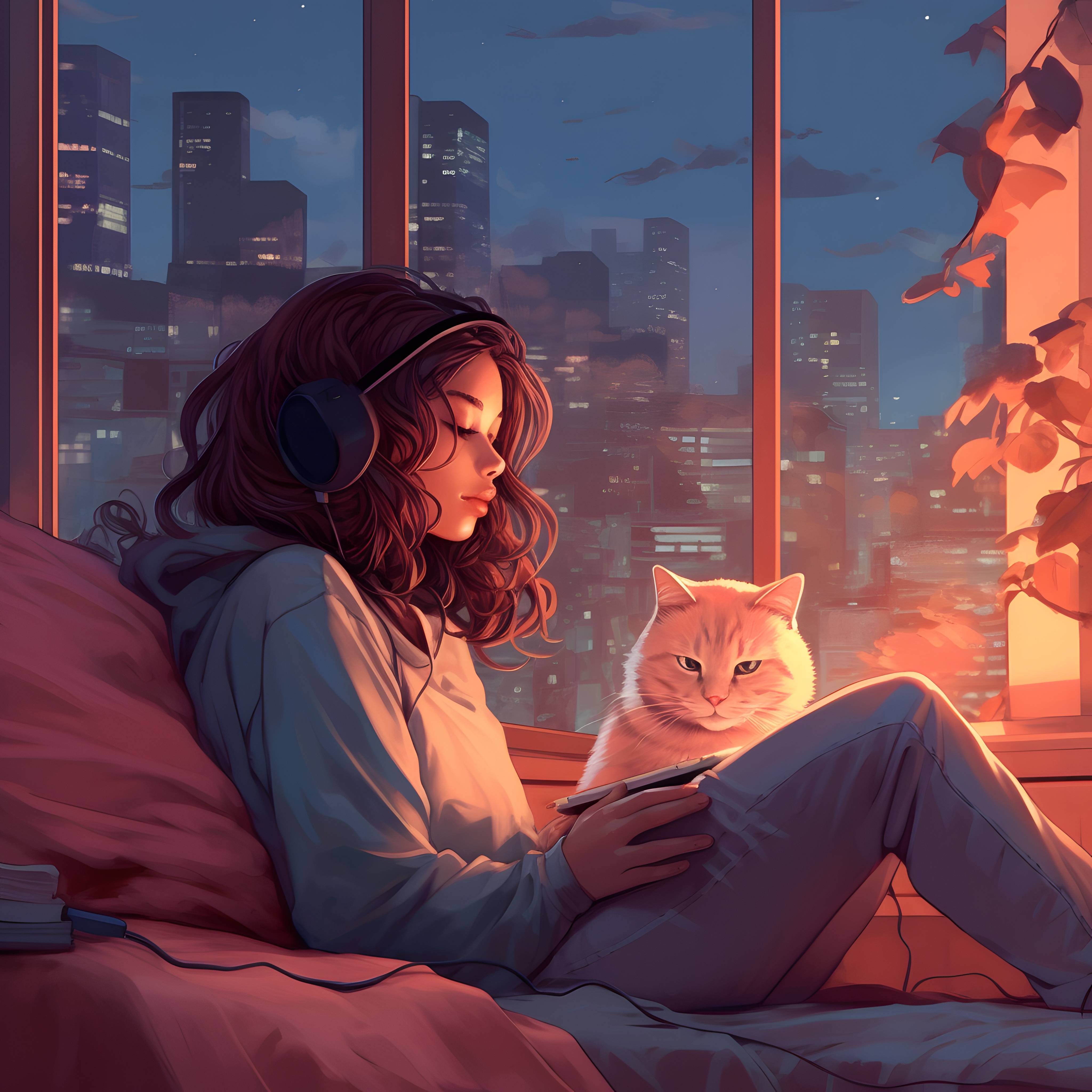 Girl with headphones and cat listening to lofi music - relaxing study background